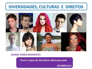 DIVERSIDADES, CULTURAS E DIREITOS
SOMOS TODOS DIFERENTES
Você é capaz de identificar diferenças pela
APARÊNCIA?
 