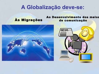 A Globalização deve-se:
Às Migrações
Ao Desenvolvimento dos meios
de comunicação
 