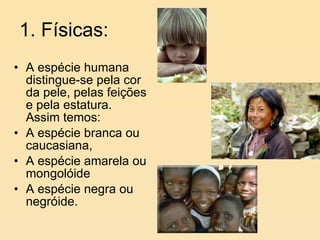 1. Físicas: A espécie humana distingue-se pela cor da pele, pelas feições e pela estatura. Assim temos: A espécie branca ou caucasiana,  A espécie amarela ou mongolóide  A espécie negra ou negróide. 