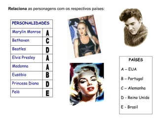 Relaciona  as personagens com os respectivos países: PA Í SES A  –  EUA B  –  Portugal C  –  Alemanha D - Reino Unido E - Brasil A C D A A B D E PERSONALIDADES Marylin Monroe Bethoven Beatles Elvis Presley Madonna Eus é bio Princesa Diana Pel é 