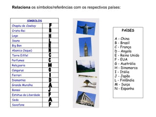 Relaciona  os símbolos/referências com os respectivos países:  PA Í SES A - China B - Brasil C - Fran ç a D - Angola E - R...