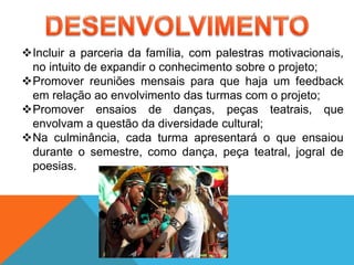 Incluir a parceria da família, com palestras motivacionais,
no intuito de expandir o conhecimento sobre o projeto;
Promover reuniões mensais para que haja um feedback
em relação ao envolvimento das turmas com o projeto;
Promover ensaios de danças, peças teatrais, que
envolvam a questão da diversidade cultural;
Na culminância, cada turma apresentará o que ensaiou
durante o semestre, como dança, peça teatral, jogral de
poesias.
 