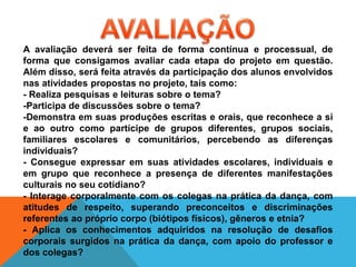 A avaliação deverá ser feita de forma contínua e processual, de
forma que consigamos avaliar cada etapa do projeto em questão.
Além disso, será feita através da participação dos alunos envolvidos
nas atividades propostas no projeto, tais como:
- Realiza pesquisas e leituras sobre o tema?
-Participa de discussões sobre o tema?
-Demonstra em suas produções escritas e orais, que reconhece a si
e ao outro como partícipe de grupos diferentes, grupos sociais,
familiares escolares e comunitários, percebendo as diferenças
individuais?
- Consegue expressar em suas atividades escolares, individuais e
em grupo que reconhece a presença de diferentes manifestações
culturais no seu cotidiano?
- Interage corporalmente com os colegas na prática da dança, com
atitudes de respeito, superando preconceitos e discriminações
referentes ao próprio corpo (biótipos físicos), gêneros e etnia?
- Aplica os conhecimentos adquiridos na resolução de desafios
corporais surgidos na prática da dança, com apoio do professor e
dos colegas?
 