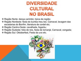  Região Norte: dança carimbó, típica da região;
 Região Nordeste: festa do bumba meu boi, Carnaval, lavagem das
escadarias do Bonfim, literatura de cordel etc;
 Região Centro-Oeste: cavalhada, fogaréu;
 Região Sudeste: folia de reis, festa de Iemanjá, Carnaval, congada;
 Região Sul: Oktoberfest, Festa da uva etc.
 