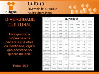 Cultura: Diversidade cultural e  Multiculturalismo DIVERSIDADE CULTURAL Mas quando a própria pessoa declara a sua etnia ou identidade, veja o que acontece no quadro ao lado. Fonte: IBGE QUADRO 2 