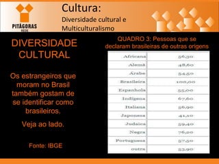 Cultura: Diversidade cultural e  Multiculturalismo DIVERSIDADE CULTURAL Os estrangeiros que moram no Brasil também gostam de se identificar como brasileiros. Veja ao lado. Fonte: IBGE QUADRO 3: Pessoas que se declaram brasileiras de outras origens 