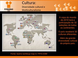Cultura: Diversidade cultural e  Multiculturalismo A copa do mundo de 2010 terá a participação de 32 seleções de todos os continentes. O país receberá 32 culturas diferentes. Além da grande diversidade cultural do próprio país. Fonte: teams worldcup map in: FIFA.COM 