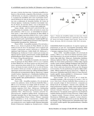 1161A variabilidade espacial das famílias de Coleoptera entre fragmentos de Floresta...
Revista Brasileira de Zoologia 23 (4): 1159–1167, dezembro 2006
tato para o interior das duas áreas. A primeira armadilha loca-
lizou-se a 10m da borda, a segunda a 50m da borda e a terceira
a 100 da borda, em cada área, totalizando seis armadilhas (Fig.
1). A posição das armadilhas, bem como as principais caracte-
rísticas florísticas de cada um dos pontos, para as quais se con-
tou com a colaboração de Alexandre Koehler, do Centro de
Ciências Agrárias e Ambientais, Pontifícia Universidade Cató-
lica do Paraná, são descritas abaixo, com as abreviaturas dos
pontos, que serão utilizadas no restante desta publicação:
Ponto 1 (P100) – (25°57’31,527”S, 49°15’2,573”W). A ar-
madilha malaise foi instalada a 100 m da borda de contato dos
dois ambientes, a 952 m s.n.m., na extremidade do transecto.
Neste ponto, o mais interior na plantação de Pinus elliottii, os
exemplares atingem uma altura média de 18 m. O solo é coberto
por acículas de onde surge um pequeno número de espécies ve-
getais de pequeno porte, representadas por: Leandra regnellii Cogn.
(Melastomataceae); Centella asiatica (Linnaeus) Urban (Apiaceae);
Coccocypselum lanceolatum Pers. (Rubiaceae).
Ponto 2 (P50) – A armadilha instalada a 50 m da borda, a
960 m s.n.m., dentro do plantio de Pinus elliottiii, com altura
média em torno de 18 m. No sub-bosque, entre as espécies que
compõe a regeneração natural, destacam-se o Machaerium
stipitatum Vogel (Fabaceae); Cedrela fissilis Vell. (Meliaceae); e
Dendropanax sp. (Araliaceae). O solo é coberto por acículas com
algumas espécies vegetais, predominando: Leandra regnellii; Piper
gaudichaudianum Kunth (Piperaceae); e Rumohra adiantiformis
(G. Forest.) Ching (Dryopteridaceae).
Ponto 3 (PB) – A armadilha foi instalada a dez metros do
início da plantação de Pinus elliottii, a 974 m s.n.m. O plantio
de Pinus elliottiii não é tão denso quanto nos dois pontos ante-
riores e apresentam altura média de 16 m. O sub-bosque é mais
denso, em função da maior entrada de luz no solo da floresta,
este também coberto por acículas. As espécies que compõem a
regeneração natural neste estrato são: Lithraea brasiliensis March.
(Anacardiaceae) acompanhada de Piper sp. (Piperaceae); Cupania
vernalis Cambess. (Sapindaceae); e Zanthoxylum rhoifolium Lam.
(Rutaceae). As espécies vegetais que predominam no solo são:
Leandra regnellii; Piper gaudichaudianum; e Geonoma schottiana
Mart. (Arecaceae).
Ponto 4 (FB) – Armadilha instalada a 10 m da borda de
contato dos ambientes, dentro da Floresta Ombrófila Mista, a
980 m s.n.m. Encontra-se em estágio médio de sucessão, com
fisionomia de capoeirão. O estrato arbóreo é composto por
Cabralea canjerana (Vell.) Mart. (Meliaceae); Zanthoxylum
rhoifolium; Myrsine ferruginea Spreng.(Myrsinaceae); Myrsine
umbellata Mart. (Myrsinaceae); Casearia sylvestris Sw.
(Flacourtiaceae); Symplocos uniflora Benth. (Symplocaceae);
Nectandra lanceolata Nees & Mart.(Lauraceae); Cedrela fissilis;
Syagrus romanzoffiana (Cham.) Glassm. (Palmae); Lamanonia
speciosa (Cambess.) L. B. Sm. (Cunoniaceae); e Clethra scabra
Pers. (Clethraceae). O sub-bosque é composto de espécies arbó-
reas, ainda juvenis, como Cupania vernalis; Maytenus alaternoides
Reissek (Celastraceae); Symplocos sp. (Symplocaceae); e Schinus
terebinthifolius Raddi (Anacardiaceae). As espécies vegetais que
predominam no solo são: Coccocypselum lanceolatum; Rubus
erythrocladus Mart (Rosaceae); Ichnanthus pallens (Sw) (Poaceae);
e Axonopus compressus (Swartz) P. Beauv. (Poaceae).
Ponto 5 (F50) – Armadilha instalada a 50 m da borda de
contato, a 996 m s.n.m. Neste local a floresta apresenta caracte-
rística fisionômicas e de sucessão semelhante ao anterior. Predo-
minam Inga edulis Mart. (Fabaceae); Zanthoxylum rhoifolium;
Alchornea triplinervia Müll. Arg. (Euphorbiaceae); e Myrsine um-
bellata. No estrato abaixo predominam a Clethra scabra; Cupania
vernalis; Caseria sylvestris; Dalbergia brasiliensis Vogel (Fabaceae);
além da Sebastiana brasiliensis (Spreng) Müll. Arg. (Euphorbia-
ceae). Ocorre ainda uma Asteraceae arbórea que não ultrapassa
os 4 m de altura. No solo predominam as espécies: Rubus erythro-
cladus; Mikania glomerata Spreng (Asteraceae) e Mikania sp.
(Asteraceae); Ichnanthus tenuis (Presl.) Hitchc & Chase (Poaceae);
Leandra regnellii; Anemia phyllitidis (L.) (Schizaeaceae); Ctenitis
falciculata (Raddi) Ching (Dryopteridaceae).
Ponto 6 (F100) – (25° 57’ 32,533”S, 49° 15’ 10,467”W).
Armadilha instalada a 100 m do ponto de contato, a 1011 m
s.n.m. Neste local a Floresta Ombrófila Mista encontra-se no
mais avançado estágio de desenvolvimento, comparada aos
demais locais de amostragem, e descrita como capoeirão. No
dossel predominam Cupania vernalis; Caseria sylvestris; Myrsine
umbellata; Lamanonia speciosa; Clethra scabra; Laplacea fruticosa
(Schrad.) Kobuski (Theaceae); e Casearia obliqua Spreng.
(Flacourtiaceae). No segundo estrato aparecem com freqüência
Gordonia fruticosa (Schrad.) H. Keng (Theaceae); Clethra scabra;
e Cupania vernalis. Chamam atenção espécies da família
Monimiaceae (Mollinedia spp.), ocupando o estrato arbustivo.
As espécies vegetais que predominam no solo são: Miconia thea-
zans (Bompl.) Cogn. (Melastomataceae); Ichnanthus tenuis; Cupa-
nia vernalis; Leandra regnellii; Piper gaudichaudianum; e Rumohra
adiantiformis.
PB
F50
P100
FB
P50
F100
F
P
Figura 1. Posição das armadilhas malaise nas duas áreas, floresta
natural (Floresta Ombrófila Mista) (F) e plantação de Pinus elliotti
(P), dentro do Parque Ecológico Vivat Floresta, Tijucas do Sul,
Paraná. (B) borda, (50) 50 m da borda, (100) 100 m da borda.
 