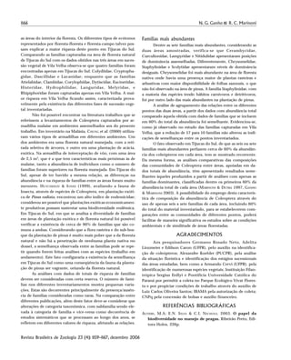 1166 N. G. Ganho & R. C. Marinoni
Revista Brasileira de Zoologia 23 (4): 1159–1167, dezembro 2006
as áreas do interior da floresta. Os diferentes tipos de ecótonos
representados por floresta-floresta e floresta-campo talvez pos-
sam explicar a maior riqueza deste ponto em Tijucas do Sul.
Comparando as famílias capturadas na área de floresta natural
de Tijucas do Sul com os dados obtidos nas três áreas em suces-
são vegetal de Vila Velha observa-se que quatro famílias foram
encontradas apenas em Tijucas do Sul: Colydiidae, Cryptopha-
gidae, Dascillidae e Lucanidae; enquanto que as famílias
Attelabidae, Clambidae, Corylophidae, Dytiscidae, Eucinetidae,
Histeridae, Hydrophilidae, Languridae, Melyridae, e
Rhipiphoridae foram capturadas apenas em Vila Velha. A mai-
or riqueza em Vila Velha ficando assim, caracterizada prova-
velmente pela existência das diferentes fases de sucessão vege-
tal inventariadas.
Não foi possível encontrar na literatura trabalhos que se
referissem a levantamentos de Coleoptera capturados por ar-
madilha malaise em ambientes assemelhados aos do presente
trabalho. Em inventário na Malásia, CHUNG et al. (2000) utiliza-
ram vários tipos de armadilhas em diferentes ambientes. Um
dos ambientes era uma floresta natural manejada, com a reti-
rada seletiva de árvores, e outro era uma plantação de acácia,
exótica. Na armadilha de interceptação de vôo, com uma área
de 2,5 m2
, que é a que tem características mais próximas às de
malaise, tanto a abundância de indivíduos como o número de
famílias foram superiores na floresta manejada. Em Tijucas do
Sul, apesar de ter havido a mesma relação, as diferenças na
abundância e na riqueza de famílias entre as áreas foram muito
menores. HUTCHESON & JONES (1999), avaliando a fauna de
Insecta, através de espécies de Coleoptera, em plantação exóti-
ca de Pinus radiata, encontrou um alto índice de endemicidae;
considerou ser possível que plantações exóticas economicamen-
te produtivas possam sustentar uma biodiversidade endêmica.
Em Tijucas do Sul, em que se analisa a diversidade de famílias
em áreas de plantação exótica e de floresta natural foi possível
verificar a existência de cerca de 90% de famílias que são co-
muns a ambas. Considerando que a flora rasteira e do sub-bos-
que da plantação de pinus é muito mais pobre que a da floresta
natural e não há a penetração de nenhuma planta nativa no
dossel, a semelhança observada entre as famílias pode se repe-
tir quando forem feitas análises com as espécies (trabalho em
andamento). Este fato configuraria a existência da semelhança
em Tijucas do Sul como uma conseqüência da fauna da planta-
ção de pinus ser vagrante, oriunda da floresta natural.
As análises com dados de totais de riqueza de famílias
devem ser consideradas com certa reserva. O número de famí-
lias nos diferentes inventariamentos mostra pequenas varia-
ções. Estas são decorrentes principalmente da presença/ausên-
cia de famílias consideradas como raras. Na comparação entre
diferentes publicações, além deste fator deve-se considerar que
alterações de categoria taxonômica, com subfamília sendo ele-
vada à categoria de família e vice-versa como decorrência de
estudos sistemáticos que se processam ao longo dos anos, se
refletem em diferentes valores de riqueza, afetando as relações.
Famílias mais abundantes
Dentre as sete famílias mais abundantes, considerando as
duas áreas amostradas, verifica-se que Cerambycidae,
Curculionidae, Lampyridae e Nitidulidae apresentaram posições
de dominância assemelhadas. Diferentemente, Chrysomelidae,
Staphylinidae e Scolytidae apresentaram níveis de dominância
desiguais. Chrysomelidae foi mais abundante na área de floresta
nativa onde havia uma presença maior de plantas rasteiras e
arbustivas com maior disponibilidade de folhas sazonais, o que
não foi observado na área de pinus. A família Staphylinidae, com
a maioria das espécies tendo hábitos carnívoros e detritívoros,
foi por outro lado das mais abundantes na plantação de pinus.
A análise de agrupamento das relações entre os diferentes
pontos das duas áreas, a partir dos dados com abundância total
comparado àquela obtida com dados de famílias que se incluem
em 60% do total da abundância foi semelhante. Evidenciou-se,
como já observado no estudo das famílias capturadas em Vila
Velha, que a redução de 57 para 10 famílias não alterou as indi-
cações de semelhanças entre os pontos inventariados.
O fato observado em Tijucas do Sul, de que as seis ou sete
famílias mais abundantes perfazem cerca de 60% da abundân-
cia dos coleópteros em cada área, tem se mostrado recorrente.
Da mesma forma, as análises comparativas das composições
das comunidades de Coleoptera entre áreas, apoiadas em da-
dos totais de abundância, têm apresentado resultados seme-
lhantes àqueles produzidos a partir de análises com apenas as
famílias dominantes, classificadas dentre os primeiros 60% da
abundância total de cada área (MARINONI & DUTRA 1997, GANHO
& MARINONI 2003). A possibilidade do emprego desta caracterís-
tica de composição da abundância de Coleoptera através do
uso de apenas seis a sete famílias de cada área, incluindo 60%
do total do material inventariado, para se estabelecerem com-
parações entre as comunidades de diferentes pontos, poderá
facilitar de maneira significativa os estudos sobre as condições
ambientais e de similitude de áreas florestadas.
AGRADECIMENTOS
Aos pesquisadores Germano Rosado Neto, Adelita
Linzmeier e Edílson Caron (UFPR), pelo auxílio na identifica-
ção de coleópteros; Alexandre Koehler (PUCPR), pela análise
da situação florística e identificação dos estágios sucessionais
das áreas estudadas, bem como a Armando Cervi (UFPR), pela
identificação de numerosas espécies vegetais; Instituição Filan-
trópica Sergius Erdlyi e Pontifícia Universidade Católica do
Paraná por permitir a coleta no Parque Ecológico Vivat Flores-
ta e por propiciar condições de trabalho através do auxílio de
Luiz Carlos Oliveira Santos; IBAMA pela autorização de coleta;
CNPq pela concessão de bolsas e auxílio financeiro.
REFERÊNCIAS BIBLIOGRÁFICAS
ALTIERI, M.A; E.N. SILVA & C.I. NICHOLS. 2003. O papel da
biodiversidade no manejo de pragas. Ribeirão Preto, Edi-
tora Holos, 226p.
 
