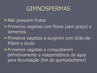 GIMNOSPERMAS Não possuem frutos  Primeiros vegetais com flores (sem graça) e sementes  Primeiros vegetais a surgirem com Grão-de-Pólem e óvulo  Primeiros vegetais a conquistarem definitivamente a independência da água para fecundação (fim do quimiotactismo)  