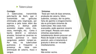  Tuberculose
Sintomas
Tosse por mais de duas semanas,
produção de catarro, febre,
sudorese, cansaço, dor no peito,
falta de apetite e emagrecimento
são os principais sintomas da
tuberculose. Nos casos mais
avançados, pode aparecer escarro
com sangue. Pessoas com esses
sintomas associados ou
isoladamente devem procurar um
Posto de Saúde o mais rápido
possível, pois o tratamento é
gratuito e deve ser iniciado
imediatamente.
Vacina
Não existe vacina.
Contágio
A tuberculose, transmitida
pelo bacilo de Koch, que é
transmitido nas gotículas
eliminadas pela respiração, por
espirros e pela tosse. Além dos
pulmões, a doença pode
acometer órgãos como rins,
ossos, meninges, etc. Como o
bacilo destrói a estrutura
alveolar, formam-se cavernas no
tecido pulmonar e vasos
sanguíneos podem romper-se.
Por isso, na tuberculose
pulmonar, é frequente a
presença de tosse com
eliminação de catarro, muco e
sangue.
 