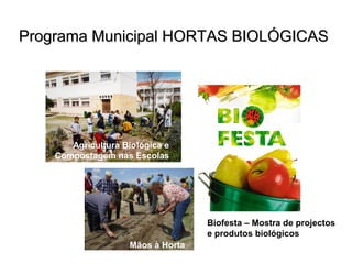 Programa Municipal HORTAS
          BIOLÓGICAS




   Agricultura Biológica e
Compostagem nas Escolas




                                Biofesta – Mostra de projectos
                                e produtos biológicos
                 Mãos à Horta
 