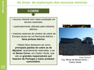 Fig. Faixa piritosa ibérica
As áreas de exploração dos recursos minerais
COBRE
• recurso mineral com maior produção em
termos nacionais;
• particularmente utilizado pela indústria
elétrica;
• maiores reservas de minério de cobre da
Europa situam-se na Península Ibérica –
faixa piritosa ibérica.
• Nesta faixa destacam-se como
principais jazidas de cobre as de
Aljustrel, recentemente reativadas, e as
de Neves Corvo, em Castro Verde, que
são as grandes responsáveis por
fazerem de Portugal o maior produtor
comunitário.
Fig. Produção de fio de cobre
Fonte: Somincor
Fig. Minas de Neves Corvo –
Castro Verde
 