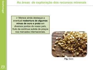  Merece ainda destaque a
eventual reabertura de algumas
minas de ouro e prata em
diversos pontos do nosso país,
fruto da contínua subida de preços
nos mercados internacionais.
As áreas de exploração dos recursos minerais
Fig. Ouro
 