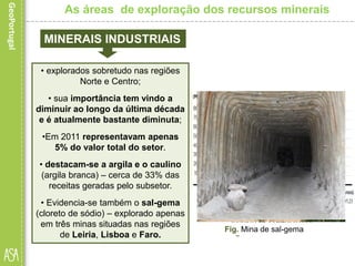 MINERAIS INDUSTRIAIS
• explorados sobretudo nas regiões
Norte e Centro;
• sua importância tem vindo a
diminuir ao longo da última década
e é atualmente bastante diminuta;
•Em 2011 representavam apenas
5% do valor total do setor.
• destacam-se a argila e o caulino
(argila branca) – cerca de 33% das
receitas geradas pelo subsetor.
• Evidencia-se também o sal-gema
(cloreto de sódio) – explorado apenas
em três minas situadas nas regiões
de Leiria, Lisboa e Faro.
As áreas de exploração dos recursos minerais
Fig. Produção de minerais
industriais, por substâncias (2011)Fig. Evolução da produção de minerais
industriais (1990-2011)
Fig. Mina de caulinoFig. Mina de sal-gema
 