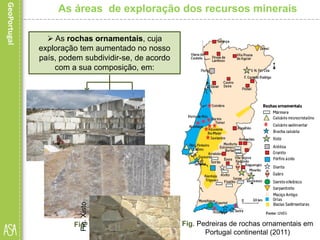 • ardosias e xistos
ornamentais.
Fig. Pedreiras de rochas ornamentais em
Portugal continental (2011)
As áreas de exploração dos recursos minerais
 As rochas ornamentais, cuja
exploração tem aumentado no nosso
país, podem subdividir-se, de acordo
com a sua composição, em:
• rochas carbonatadas, tais
como mármore e rochas afins
(calcário microcristalino e
sedimentar e brecha calcária);
• rochas siliciosas, como o
granito e rochas similares
(sienito, gabro, serpentinito,
diorito e pórfido ácido);
Fig. Pedreira de mármore
Fig. Bloco de granito
Fig.Xisto
 
