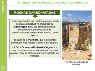 • mais importantes, na medida em que, sendo
as mais utilizadas na indústria de
construção civil, são também as mais
procuradas e, portanto, as mais
comercializadas, tanto a nível interno como
externo.
• destaca-se o mármore, que é explorado,
sobretudo, nas regiões Centro e Sul do país.
• A faixa Estremoz-Borba-Vila Viçosa é a
que possui a maior jazida nacional, da qual
provém mais de 90% do mármore extraído em
Portugal.
Fig. Mina de extração de
mármore
As áreas de exploração dos recursos minerais
ROCHAS CARBONATADAS
 