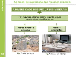 • rochas minerais e
industriais
As áreas de exploração dos recursos minerais
 as que, pela sua beleza, são
utilizadas na ornamentação de
edifícios e ruas, bem como na
construção de mobiliário e de
peças decorativas, como o
mármore, o calcário e alguns
tipos de granito.
• rochas
ornamentais
 destinam-se
essencialmente, à
transformação na indústria e
à construção civil, como o
granito, o calcário e as
margas.
A DIVERSIDADE DOS RECURSOS MINERAIS
Os recursos minerais podem, segundo as suas
características, classificar-se em:
Fig. Granito em bloco Fig. Mobiliário em mármore
 