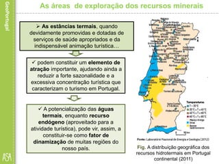  A potencialização das águas
termais, enquanto recurso
endógeno (aproveitado para a
atividade turística), pode vir, assim, a
constituir-se como fator de
dinamização de muitas regiões do
nosso país. Fig. A distribuição geográfica dos
recursos hidrotermais em Portugal
continental (2011)
As áreas de exploração dos recursos minerais
 As estâncias termais, quando
devidamente promovidas e dotadas de
serviços de saúde apropriados e da
indispensável animação turística…
 podem constituir um elemento de
atração importante, ajudando ainda a
reduzir a forte sazonalidade e a
excessiva concentração turística que
caracterizam o turismo em Portugal.
 