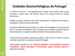 O movimento das placas tectónicas justifica, hoje em dia, o tipo de recursos
minerais existentes no subsolo nacional (Portugal).
Estes podem agrupar-se em: minerais metálicos e não metálicos, minerais
energéticos, rochas industriais e ornamentais, águas minerais naturais e
águas de nascente.
Unidades Geomorfológicas de Portugal
O interior da terra é constituído pelo núcleo, pelo manto, pela crosta
terrestre e pelas zonas de fissuras (zonas de contacto entre as placas
tectónicas).
Devido às placas tectónicas há muito tempo atrás o Planeta terra separou-
se/dividiu-se (deriva dos continentes).
As placas tectónicas são formadas nas zonas de divergência ou nas zonas de
Rift, é nas zonas de fronteira entre as placas que se regista a grande maioria
dos terramotos e erupções vulcânicas (existem 52 placas tectónicas).
 