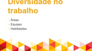 Diversidade no
trabalho
◂ Áreas
◂ Equipes
◂ Habilidades
6
 
