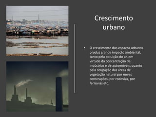Crescimento
urbano
• O crescimento dos espaços urbanos
produz grande impacto ambiental,
tanto pela poluição do ar, em
virtude da concentração de
indústrias e de automóveis, quanto
pela ocupação das áreas de
vegetação natural por novas
construções, por rodovias, por
ferrovias etc.
 
