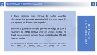 O Brasil registrou mais vítimas de mortes violentas
intencionais (ou pessoas assassinadas) em cinco anos do
que a guerra na Síria no mesmo período.
Enquanto a guerra na Síria (no período de março de 2011 a
novembro de 2015) contava 256.124 vítimas mortas, no
Brasil, nesse mesmo período, foram contabilizadas 279.592
pessoas mortas.
Fonte: FÓRUM BRASILEIRO DE SEGURANÇA PÚBLICA. Anuário brasileiro de segurança pública 2016. São Paulo:
Fórum Brasileira de Segurança Pública, 2016. Disponível em: <https://
documentos.mpsc.mp.br/portal/manager/resourcesDB.aspx?path=2229>. Acesso em: 9 jul. 2017.
R
E
T
R
A
T
O
D
A
V
I
O
L
Ê
N
C
I
A
2 DIVERSIDADE E DIREITOS HUMANOS
 