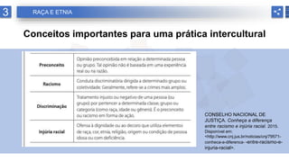 3 RAÇA E ETNIA
Conceitos importantes para uma prática intercultural
CONSELHO NACIONAL DE
JUSTIÇA. Conheça a diferença
entre racismo e injúria racial. 2015.
Disponível em:
<http://www.cnj.jus.br/noticias/cnj/79571-
conheca-a-diferenca- -entre-racismo-e-
injuria-racial>.
 