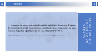 [...] o conceito de gênero que pretendo enfatizar está ligado diretamente à história
do movimento feminista contemporâneo constituinte desse movimento, ele está
implicado linguística e politicamente em suas lutas (LOURO, 2014).
FONTE: LOURO, G. L. Gênero, sexualidade e educação: uma perspectiva pós-estruturalista. 16. ed. Petrópolis: Vozes, 2014.
4 GÊNERO
A
I
N
D
A
S
O
B
R
E
O
C
O
N
C
E
I
T
O
D
E
G
Ê
N
E
R
O
 