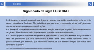 4 GÊNERO
Significado da sigla LGBTQIA+
I – Intersexo: o termo intersexual está ligado a pessoas que estão posicionadas entre os dois
sexos, masculino e feminino. São indivíduos que nasceram com características biológicas que
não se encaixam nessas duas classificações.
A – Assexual: uma pessoa assexual não sente atração sexual por ninguém, independentemente
de gênero. Elas têm uma visão própria acerca dos relacionamentos humanos.
+ – Outros grupos e variações de gênero e sexualidade: o símbolo + encerra a sigla dando a
ideia de pluralidade que está relacionada a esse tema. Inclui outras variações, como a
pansexualidade, por exemplo, que representa indivíduos que sentem atração por outros sem
considerar o gênero.
FONTE: https://cursinhoparamedicina.com.br/blog/atualidades/e-preciso-falar-sobre-a-diversidade-sexual/
 