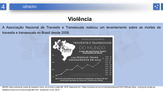 4 GÊNERO
Violência
A Associação Nacional de Travestis e Transexuais realizou um levantamento sobre as mortes de
travestis e transexuais no Brasil desde 2008.
BRASIL lidera ranking de mortes de travestis e trans; um é morto a cada 48h. 2018. Disponível em: <https://universa.uol.com.br/noticias/redacao/2018/01/09/brasil-lidera- -ranking-de-mortes-de-
travestis-e-trans-um-e-morto-a-cada-48h.htm>. Acesso em: 6 nov. 2018.
 