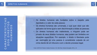 • Os direitos humanos são fundados sobre o respeito pela
dignidade e o valor de cada pessoa;
• Os direitos humanos são universais, o que quer dizer que são
aplicados de forma igual e sem discriminação a todas as pessoas;
• Os direitos humanos são inalienáveis, e ninguém pode ser
privado de seus direitos humanos; eles podem ser limitados em
situações específicas. Por exemplo, o direito à liberdade pode
ser restringido se uma pessoa é considerada culpada de um
crime diante de um tribunal e com o devido processo legal;
Fonte: CASTILHO, Ricardo. Direitos Humanos. 6. Ed. São Paulo: Saraiva Educação, 2018, p. 43.
C
A
R
A
C
T
E
R
Í
S
T
I
C
A
S
D
O
S
D
I
R
E
I
T
O
S
H
U
M
A
N
O
S
1 DIREITOS HUMANOS
 