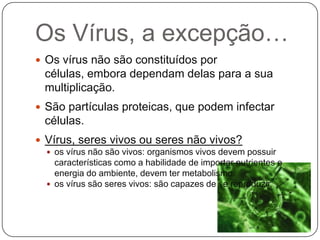 Os Vírus, a excepção…Os vírus não são constituídos por células, embora dependam delas para a sua multiplicação.São partículas proteicas, que podem infectar células.Vírus, seres vivos ou seres não vivos?os vírus não são vivos: organismos vivos devem possuir características como a habilidade de importar nutrientes e energia do ambiente, devem ter metabolismo.os vírus são seres vivos: são capazes de se reproduzir.