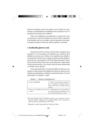 93
tratar das estratégias textuais nos gêneros orais, levando em consi-
deração as peculiaridades da modalidade oral e dos gêneros em si? E
que gêneros privilegiar nesse trabalho?
Todas essas indagações são importantes e mostram que o pas-
so inicial para o ensino da oralidade é ter clareza sobre as caracterís-
ticas do gênero oral a ser ensinado e saber até que ponto esses aspec-
tos podem ser objeto de ensino de maneira explícita e consciente.
2 Analisando gêneros orais
O ensino do oral deve se basear, antes de tudo, em gêneros orais
específicos. É com um gênero em particular que o professor deve
trabalhar em sala de aula. A ênfase, como sugerido neste trabalho e
em documentos oficiais, deve ser dada aos gêneros formais públicos,
de acordo com o que propõem os PCN de Língua Portuguesa. Partin-
do das características do texto oral, vamos apresentar a seguir alguns
critérios para sua análise. Tais critérios serão relevantes também para
a avaliação desses gêneros8
.
Como apresentam Melo e Cavalcante (2006), levando em consi-
deração os multissistemas da oralidade, há critérios de natureza extra-
lingüística, paralingüística e lingüística, propriamente ditos. Estes são
apresentados nos quadros a seguir:
Quadro 1 – Aspectos extralingüísticos9
8
Para uma discussão sobre a avaliação de gêneros orais, remetemos a Melo e
Cavalcante (2006) e Marcuschi, B. e Suassuna (2006), no livro Avaliação em
língua portuguesa, publicado pelo MEC/CEEL.
9
Adaptação do quadro apresentado por Marcuschi (2002).
a) Grau de publicidade
b) Grau de intimidade dos partici-
pantes
número de participantes (produto-
res e receptores) ou tamanho do pú-
blico envolvido na situação comuni-
cativa;
conhecimento entre os participan-
tes; conhecimentos partilhados, grau
de institucionalização do evento;
Livro Diversidade textual os generos na sala de aula0507finalgrafica.pmd 05/07/2007, 15:4593
 