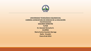 UNIVERSIDAD TECNOLÓGICA EQUINOCCIAL
CARRERA LICENCIATURA EN CIENCIAS DE LA EDUCACIÓN
PSICOPEDAGOGÍA

SEGUNDO SEMESTRE
TUTOR
Dr. Gonzalo Remache B.
ALUMNA
María Eunice Guzmán Idarraga
Quito - Ecuador
Enero 8 del 2014

 