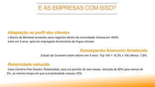 4
Adaptação ao perfil dos clientes
o Banco de Montreal aumentou seus negócios dentro da comunidade chinesa em 400%,
entre em 5 anos, após ter empregado funcionários de língua chinesa
Desempenho financeiro fortalecido
Estudo da Covenant sobre retorno em 5 anos: Top 100 = 18,3% x 100 últimos: 7,9%.
Rotatividade reduzida
Case Carolina Fine Snacks: Rotatividade, para um período de seis meses, reduzida de 80% para menos de
5%, ao mesmo tempo em que a produtividade cresceu 25%.
E AS EMPRESAS COM ISSO?
 