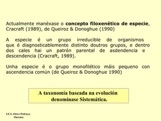 Actualmente manéxase o concepto filoxenético de especie,
Cracraft (1989), de Queiroz & Donoghue (1990)
A especie é un grupo irreducible de organismos
que é diagnosticablemente distinto doutros grupos, e dentro
dos cales hai un patrón parental de asdendencia e
descendencia (Cracraft, 1989).
Unha especie é o grupo monofilético máis pequeno con
ascendencia común (de Queiroz & Donoghue 1990)

A taxonomía baseada na evolución
denomínase Sistemática.
I.E.S. Otero Pedrayo.
Ourense

 