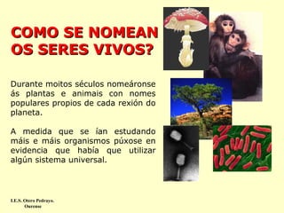 COMO SE NOMEAN
OS SERES VIVOS?
Durante moitos séculos nomeáronse
ás plantas e animais con nomes
populares propios de cada rexión do
planeta.
A medida que se ían estudando
máis e máis organismos púxose en
evidencia que había que utilizar
algún sistema universal.

I.E.S. Otero Pedrayo.
Ourense

 
