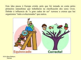 Esta idea pasou á Europa cristiá, polo que foi tomada en conta polos
primeiros naturalistas que traballaron na clasificación dos seres vivos.
Debido á influencia de "a gran cadea do ser" xerouse a crenza que hai
organismos "máis evolucionados" que outros.

I.E.S. Otero Pedrayo.
Ourense

 