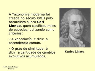 A Taxonomía moderna foi
creada no século XVIII polo
naturalista sueco Carl
Linneo, quen clasificou miles
de especies, utilizando como
criterios:
- A xenealoxía, é dicir, a
ascendencia común.
- O grao de similitude, é
dicir, a cantidade de cambios
evolutivos acumulados.

I.E.S. Otero Pedrayo.
Ourense

Carlos Linneo

 