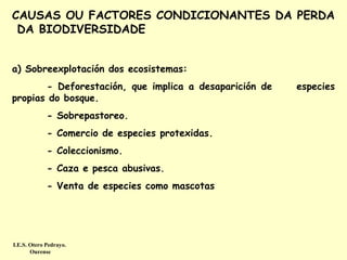 CAUSAS OU FACTORES CONDICIONANTES DA PERDA
DA BIODIVERSIDADE
a) Sobreexplotación dos ecosistemas:
- Deforestación, que implica a desaparición de
propias do bosque.
- Sobrepastoreo.
- Comercio de especies protexidas.
- Coleccionismo.
- Caza e pesca abusivas.
- Venta de especies como mascotas

I.E.S. Otero Pedrayo.
Ourense

especies

 