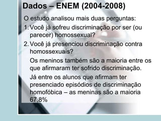 Dados – ENEM (2004-2008)
O estudo analisou mais duas perguntas:
1. Você já sofreu discriminação por ser (ou
   parecer) homossexual?
2. Você já presenciou discriminação contra
   homossexuais?
   Os meninos também são a maioria entre os
   que afirmaram ter sofrido discriminação.
   Já entre os alunos que afirmam ter
   presenciado episódios de discriminação
   homofóbica – as meninas são a maioria
   67,8%
 