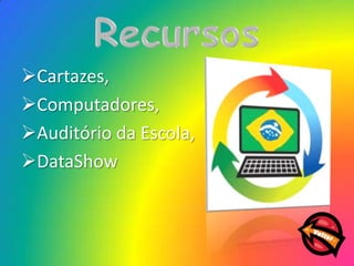 Cartazes,
Computadores,
Auditório da Escola,
DataShow
 