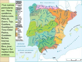 Las cuencas
peninsulares
son : Norte
cantábrico,
Galicia-costa,
Miño-Sil,
Duero, Tajo,
Guadiana,
Guadalquivir,
Tinto-Odiel-
Piedras,
Guadalete-
Barbate,
Internas
catalanas,
Ebro, Júcar,
Segura y Sur
mediterránea
andaluza.
 