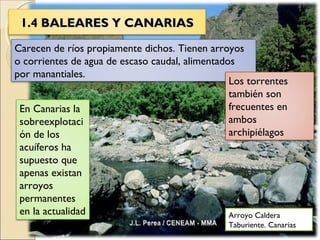 1.4 BALEARES Y CANARIAS1.4 BALEARES Y CANARIAS
Carecen de ríos propiamente dichos. Tienen arroyos
o corrientes de agua de escaso caudal, alimentados
por manantiales.
En Canarias la
sobreexplotaci
ón de los
acuíferos ha
supuesto que
apenas existan
arroyos
permanentes
en la actualidad
Los torrentes
también son
frecuentes en
ambos
archipiélagos
Arroyo Caldera
Taburiente. Canarias
 
