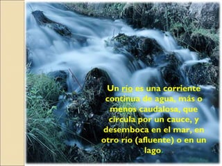Un río es una corriente
continua de agua, más o
menos caudalosa, que
circula por un cauce, y
desemboca en el mar, en
otro río (afluente) o en un
lago.
 