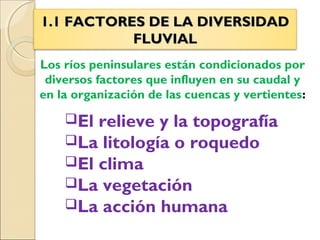 1.1 FACTORES DE LA DIVERSIDAD1.1 FACTORES DE LA DIVERSIDAD
FLUVIALFLUVIAL
Los ríos peninsulares están condicionados por
diversos factores que influyen en su caudal y
en la organización de las cuencas y vertientes:
El relieve y la topografía
La litología o roquedo
El clima
La vegetación
La acción humana
 