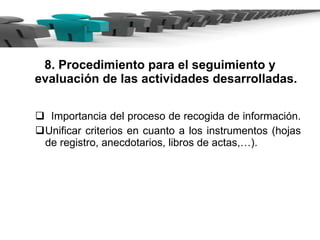 8. Procedimiento para el seguimiento y evaluación de las actividades   desarrolladas. Importancia del proceso de recogida de información.  Unificar criterios en cuanto a los instrumentos (hojas de registro, anecdotarios, libros de actas,…). 
