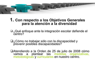 1.  Con respecto a los Objetivos Generales para la atención a la diversidad ¿ Qué enfoque ante la integración escolar defiende el centro? ¿Cómo no trabajar sólo con la discapacidad y prevenir posibles discapacidades? Atendiendo a la Orden de 25 de julio de 2008 cómo vamos a plantear las  medidas organizativas, metodológicas  y  curriculares  en nuestro centro. 