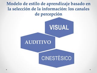 Modelo de estilo de aprendizaje basado en
la selección de la información: los canales
de percepción
VISUAL
AUDITIVO
CINESTÈSICO
 